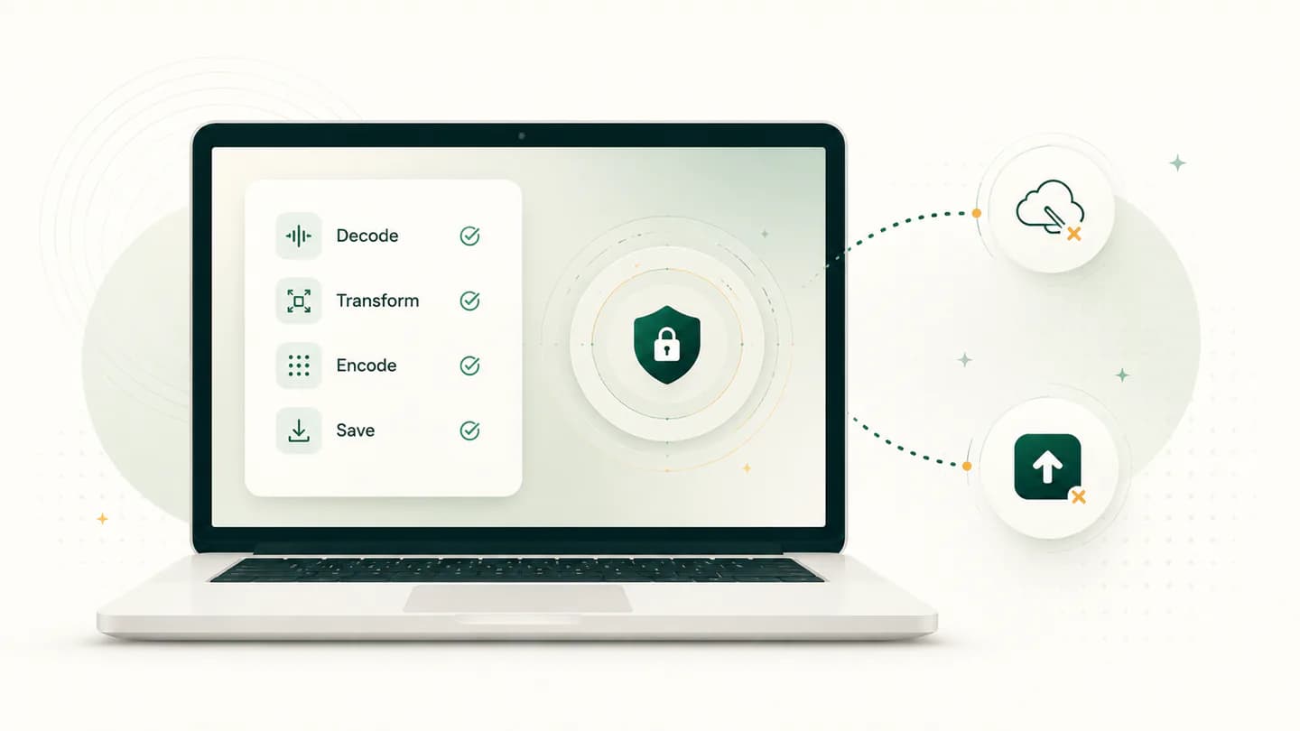 Decode, transform, encode and save all completing on the local machine, with the upload and cloud steps crossed out