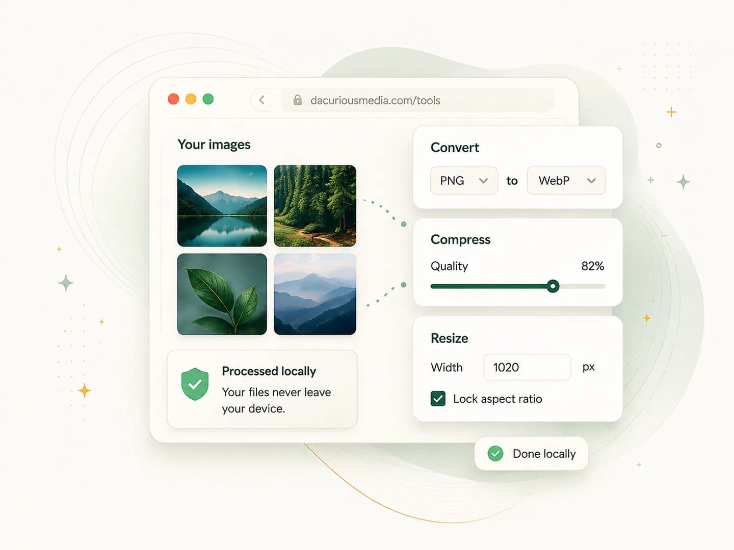 The image tool showing a batch of photos converting to WebP entirely on the visitor's own device